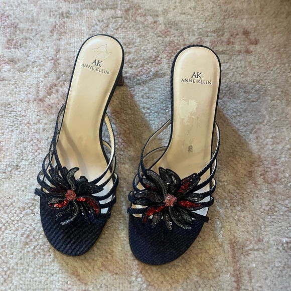 Anne Klein Shoes - NWOT, ANNE KLEIN sequin & beaded denim slides w/ kitten heel, dress up or down